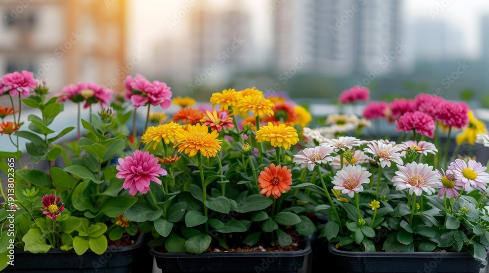 Vibrant flowers in black pots blooming on a rooftop garden with city buildings in the background, under a warm evening sunlight. Vibrant flowers in black pots blooming on a rooftop garden with city buildings in the background, under a warm evening sunlight.