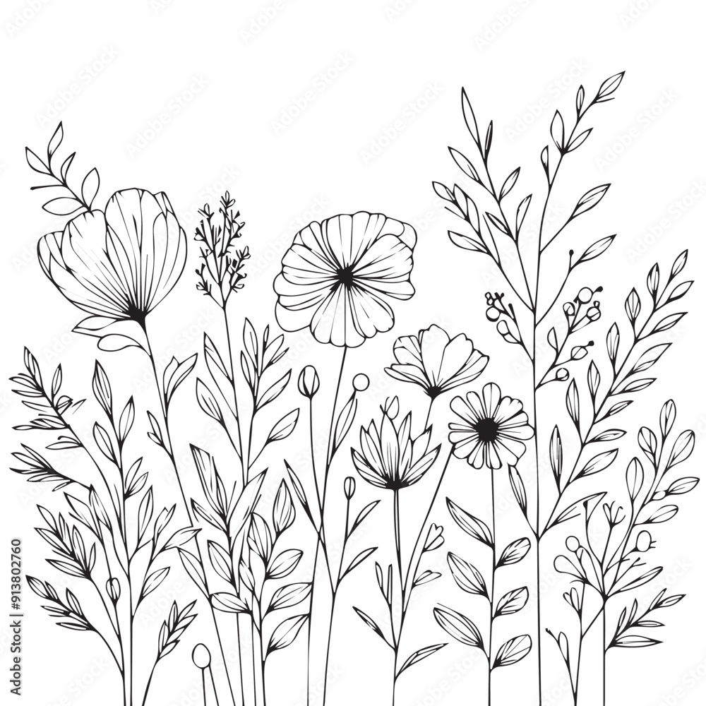 Vector flower illustration. element with botanical floral outline with leaves in black isolated on white background. Anthurium flower contour decoration for summer design or coloring book. Vector flower illustration. element with botanical floral outline with leaves in black isolated on white background. Anthurium flower contour decoration for summer design or coloring book.