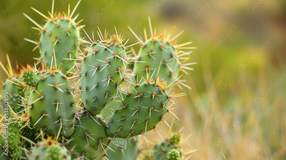 A close-up image of a prickly pear cactus with its spiky needles and green pads. The cactus is in a desert environment, with a blurred background of green and yellow hues. A close-up image of a prickly pear cactus with its spiky needles and green pads. The cactus is in a desert environment, with a blurred background of green and yellow hues.