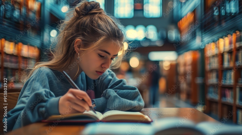 A woman sits at a table in a library, book in hand and another open before her A woman sits at a table in a library, book in hand and another open before her