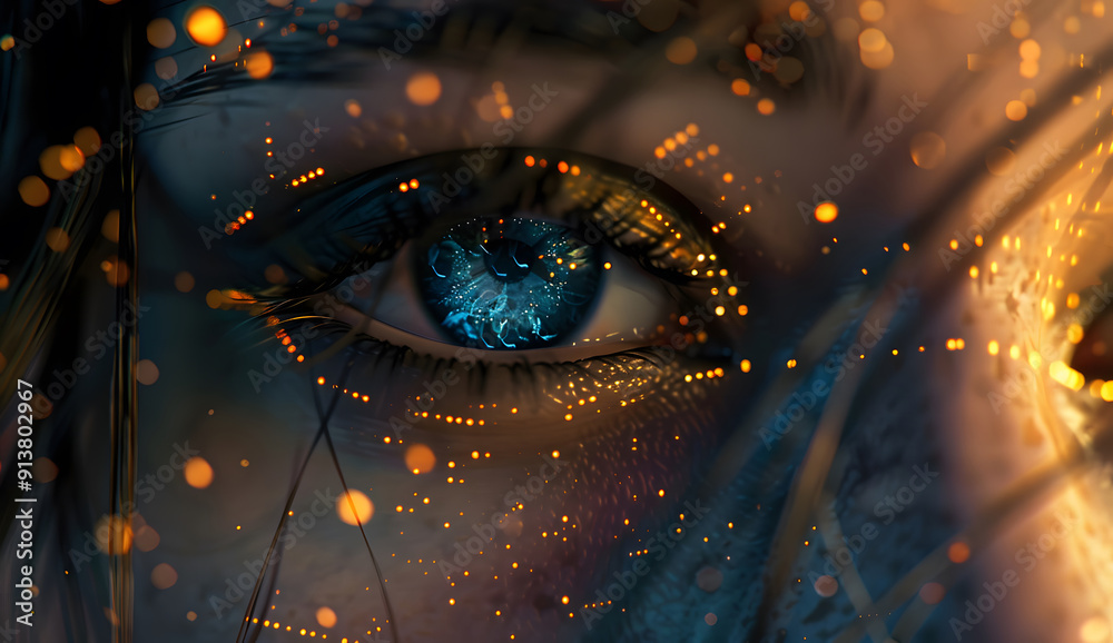 Virtual Visionary, Showcase an abstract digital face with visionary ...