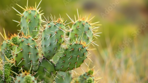 A close-up image of a prickly pear cactus with its spiky needles and green pads. The cactus is in a desert environment, with a blurred background of green and yellow hues.