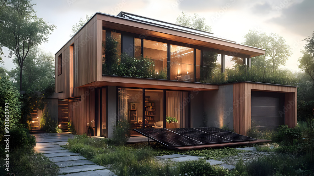 Modern Sustainable Home with Solar Panels 3D Illustration Modern Sustainable Home with Solar Panels 3D Illustration