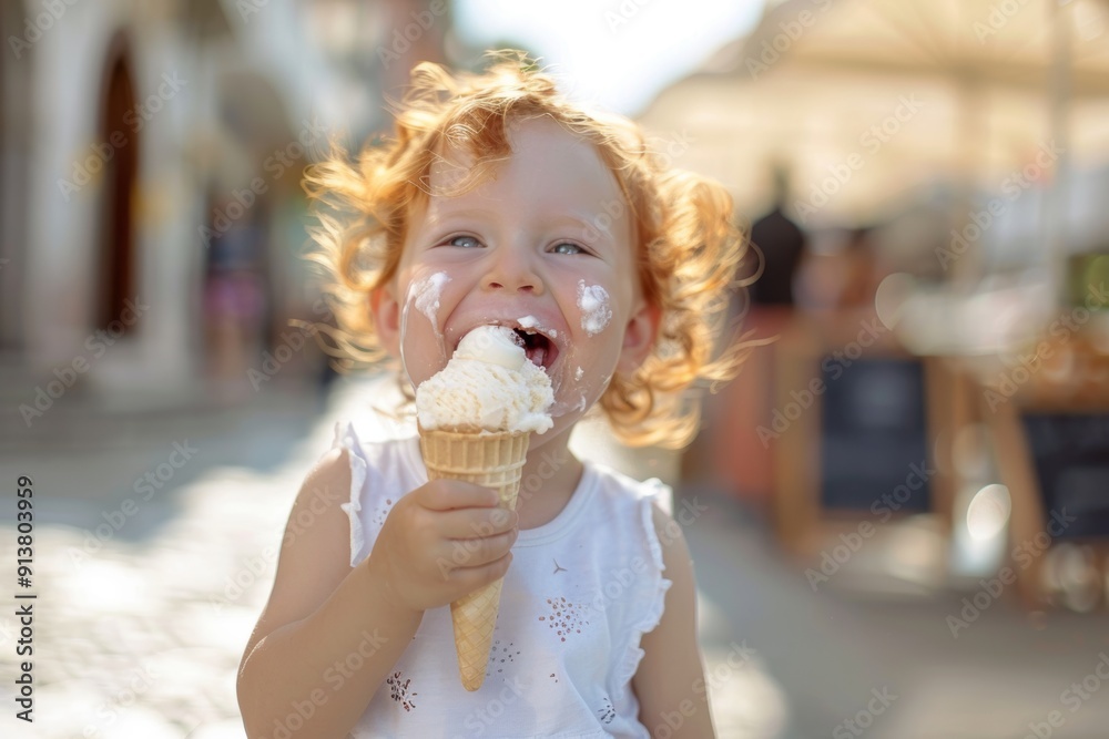 Sweet toddler engaging eyes and curly bushy hair candid shot. Ice cream brings laughter to this child's day. Unspoken bond of love and family seen child endearing smile. Sweet toddler engaging eyes and curly bushy hair candid shot. Ice cream brings laughter to this child's day. Unspoken bond of love and family seen child endearing smile.