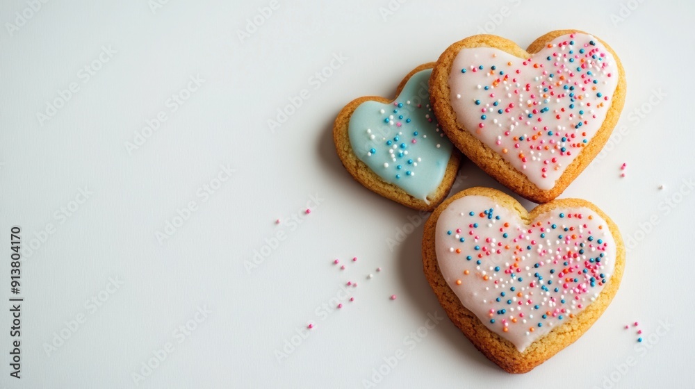 Obraz premium Heart-Shaped Cookies: Heart-shaped cookies with colorful icing and sprinkles.