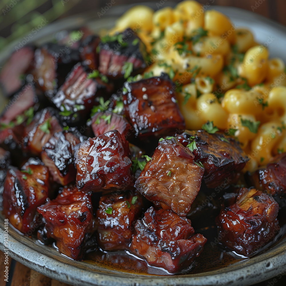 tender texas bbq burnt ends caramelized to perfection, accompanied by creamy macaroni and cheese, ideal for a comfort food dinner tender texas bbq burnt ends caramelized to perfection, accompanied by creamy macaroni and cheese, ideal for a comfort food dinner
