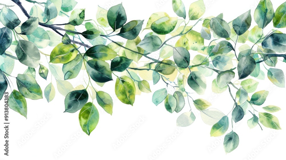 Watercolor illustration of green leaves on a white background, showcasing various shades of green and intricate details in the foliage Watercolor illustration of green leaves on a white background, showcasing various shades of green and intricate details in the foliage