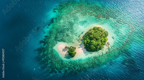  Aerial perspective of a tiny ocean island, featuring a heart-shaped isle at its center