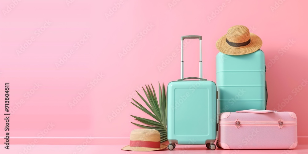 A pink background with a blue suitcase and a pink suitcase with a straw hat on top. The luggage is arranged in a way that it looks like a beach scene A pink background with a blue suitcase and a pink suitcase with a straw hat on top. The luggage is arranged in a way that it looks like a beach scene