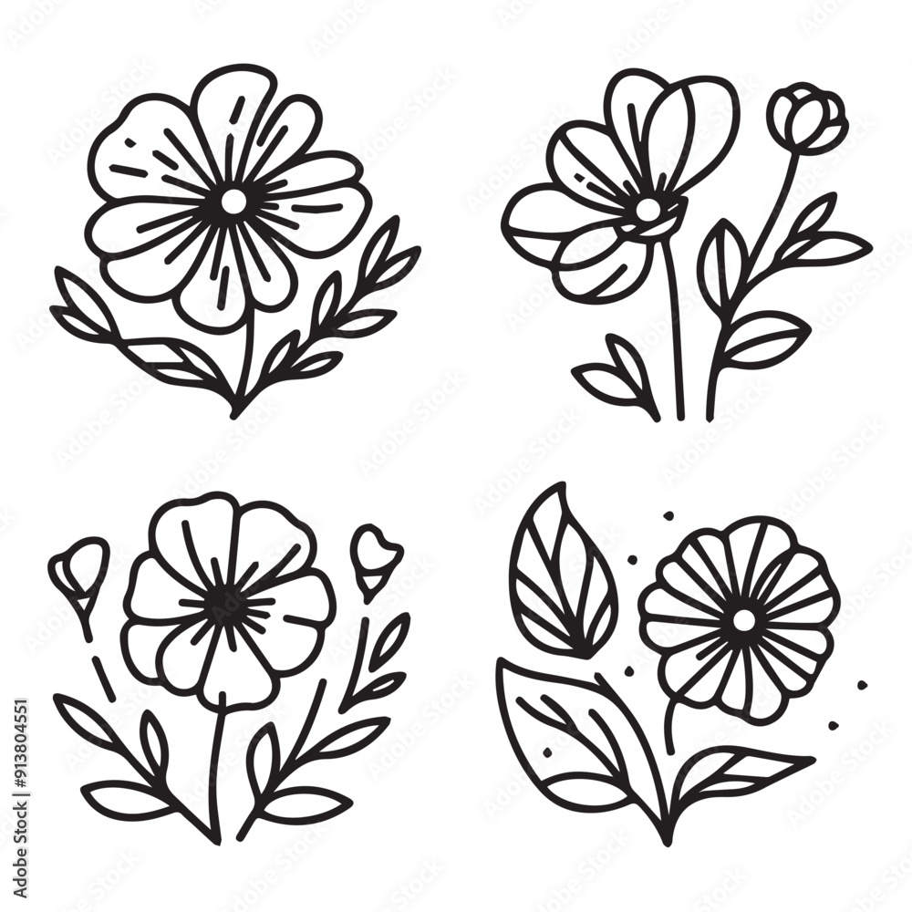 Vector flower illustration. element with botanical floral outline with leaves in black isolated on white background. Anthurium flower contour decoration for summer design or coloring book.