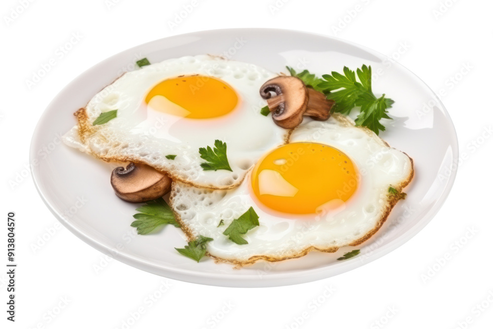Fried eggs with sauteed mushrooms are also delicious, separated on a white background. Fried eggs with sauteed mushrooms are also delicious, separated on a white background.