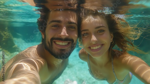 A vibrant underwater selfie of a joyful couple, sharing a moment surrounded by crystal-clear waters.