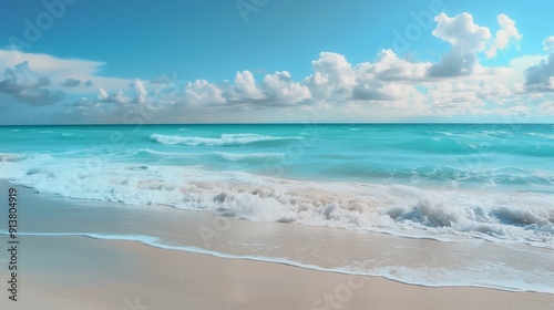 A wide shot of the turquoise ocean waves gently lapping against the smooth