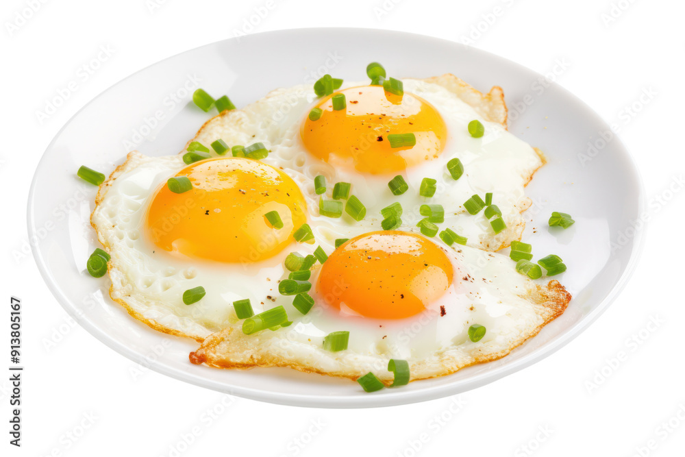 Fried eggs are delicious when sprinkled with chopped spring onions, isolated on a white background. Fried eggs are delicious when sprinkled with chopped spring onions, isolated on a white background.