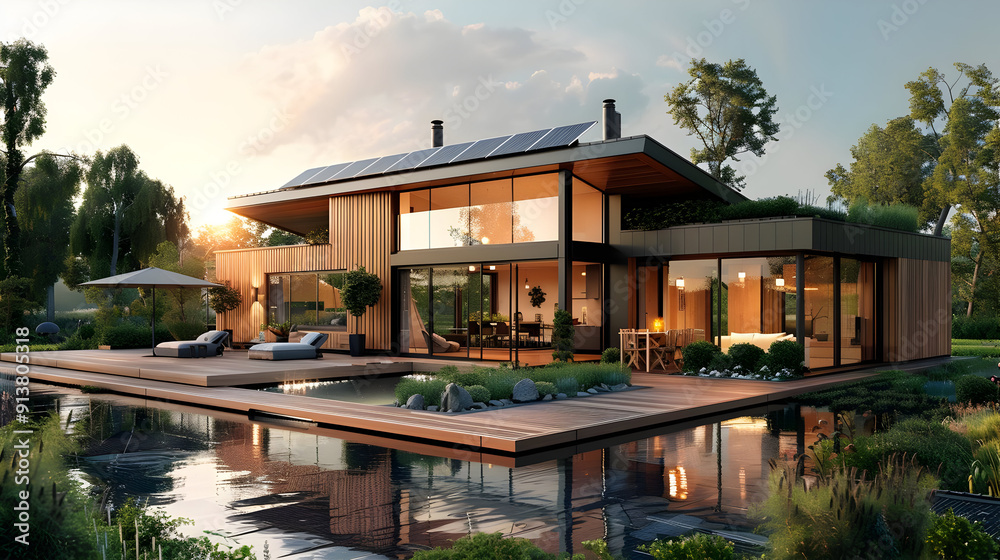 Modern Wooden House with Infinity Pool - 3D Rendering Modern Wooden House with Infinity Pool - 3D Rendering