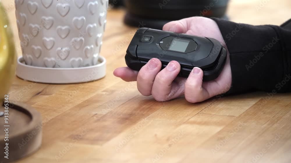Closeup shot of someone opening a flip phone and pressing a few buttons in slow motion