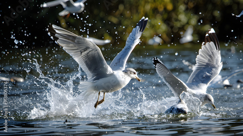 A flock of seagulls gracefully dive into the water to catch fish in flight. photo