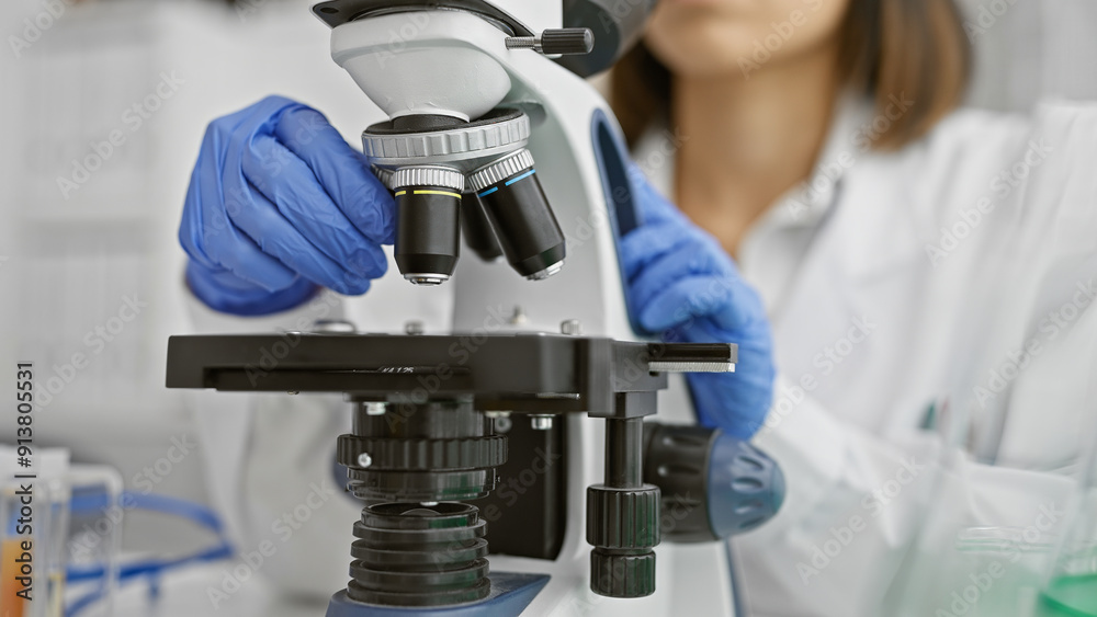 A professional scientist intensely focuses on a specimen through a microscope in a clinical laboratory setting.