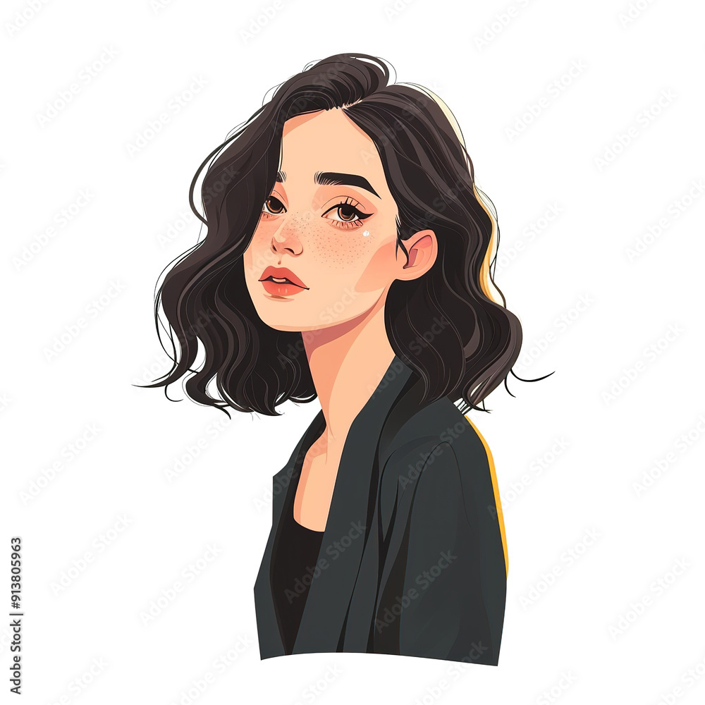 Portrait of a Young Woman with Freckles and Wavy Black Hair, generative ai image Portrait of a Young Woman with Freckles and Wavy Black Hair, generative ai image