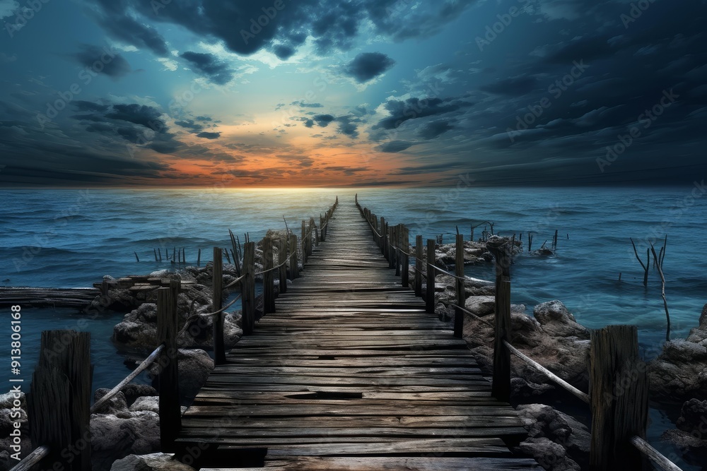 Fototapeta premium Wooden pier leading into a stunning sunset over the ocean with dramatic clouds