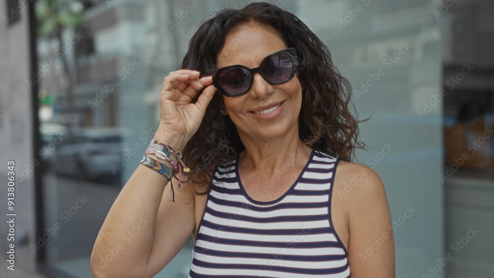 Middle-aged woman with sunglasses smiling outdoors in urban city setting with striped top and bracelets on a sunny day Middle-aged woman with sunglasses smiling outdoors in urban city setting with striped top and bracelets on a sunny day
