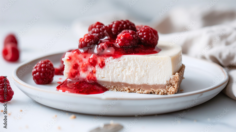 a raw vegan cheesecake slice, topped with a raspberry sauce and fresh raspberries, set on a white plate with a simple linen napkin a raw vegan cheesecake slice, topped with a raspberry sauce and fresh raspberries, set on a white plate with a simple linen napkin