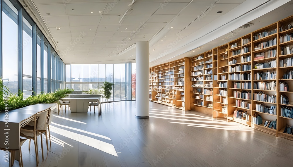 Modern Library Interior with Bookshelves and Natural Light Modern Library Interior with Bookshelves and Natural Light