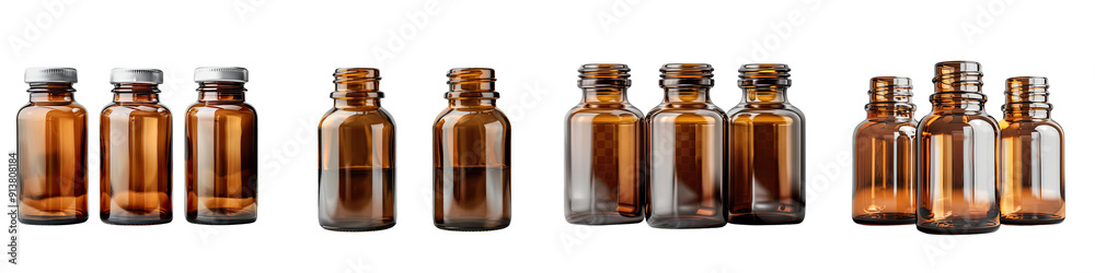 Empty brown glass medical bottles isolated on a transparent background - Featuring their classic, cylindrical shape and amber color - Clean and practical composition with soft, even lighting - Studio Empty brown glass medical bottles isolated on a transparent background - Featuring their classic, cylindrical shape and amber color - Clean and practical composition with soft, even lighting - Studio