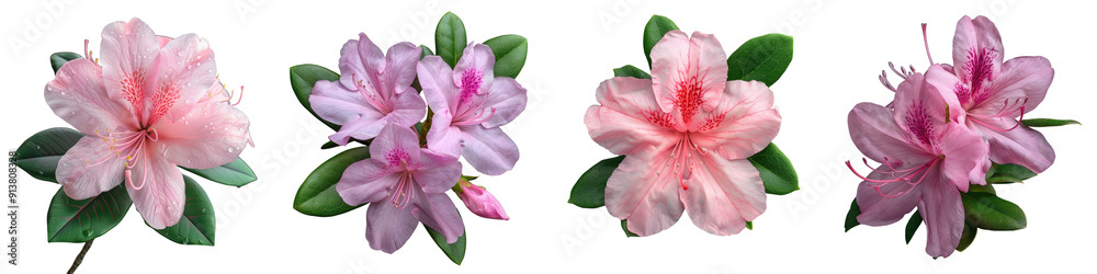 Azalea flower isolated on a transparent background - Featuring its vibrant, colorful blooms and lush green leaves - Clean and detailed composition with natural lighting - Studio photography focusing o Azalea flower isolated on a transparent background - Featuring its vibrant, colorful blooms and lush green leaves - Clean and detailed composition with natural lighting - Studio photography focusing o