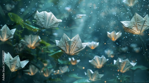  A collection of white origami blooms hovering above a verdant forest, adorned with rain-speckled leaves