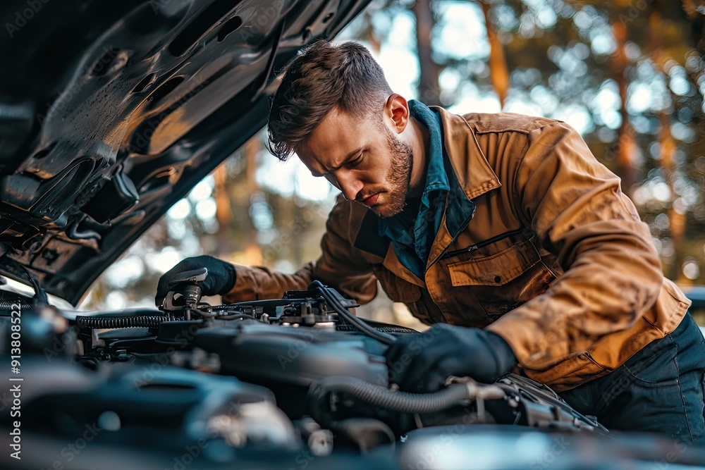 Auto mechanic working in auto repair shop. Car service and maintenance concept
