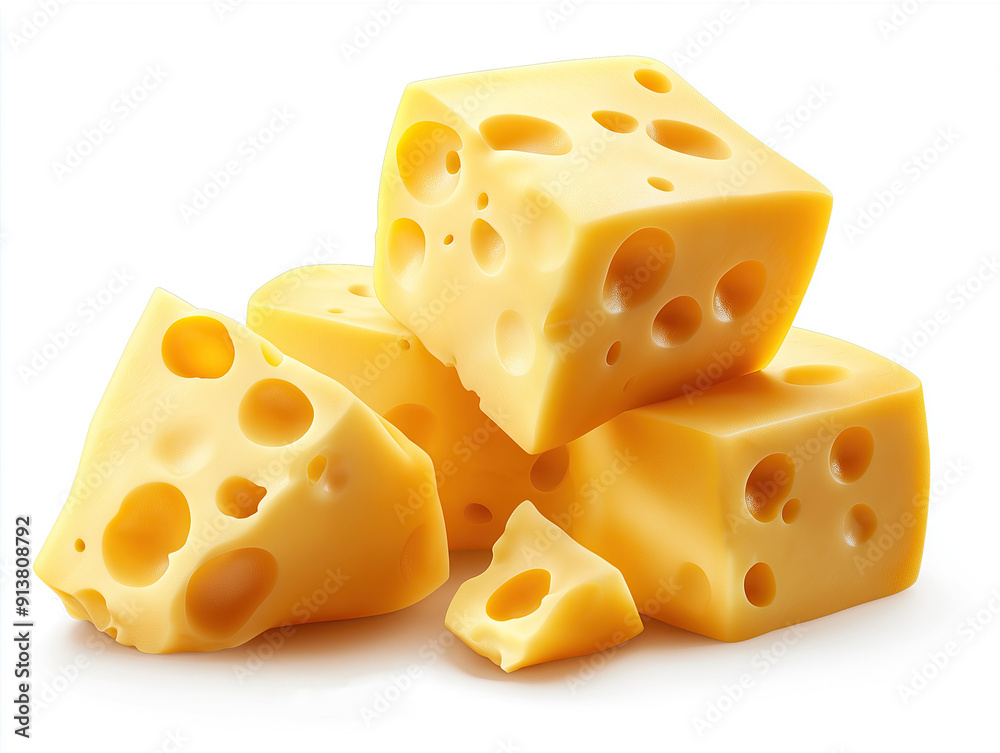 several pieces of Swiss cheese, characterized by its distinctive holes. The cheese is arranged in a visually appealing way, showcasing its creamy yellow color and smooth texture against a white backgr several pieces of Swiss cheese, characterized by its distinctive holes. The cheese is arranged in a visually appealing way, showcasing its creamy yellow color and smooth texture against a white backgr