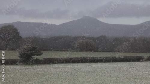Snow landscape in April near Roseberry Topping, North Yorkshire, England, United Kingdom