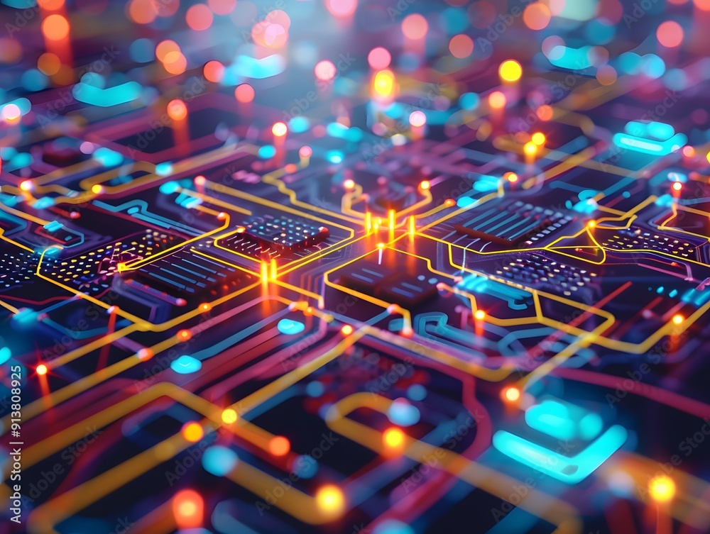 Fototapeta premium Abstract digital circuit board background with glowing neon lights, showcasing intricate technology patterns and modern electronic design.