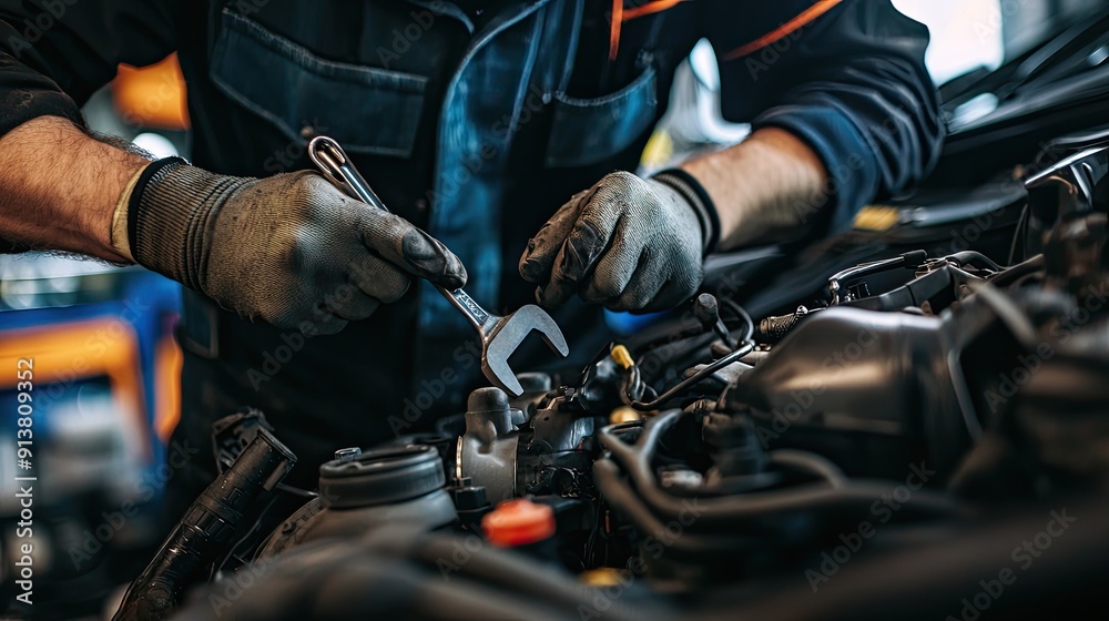 Obraz premium Auto mechanic working in auto repair shop. Car service and maintenance concept