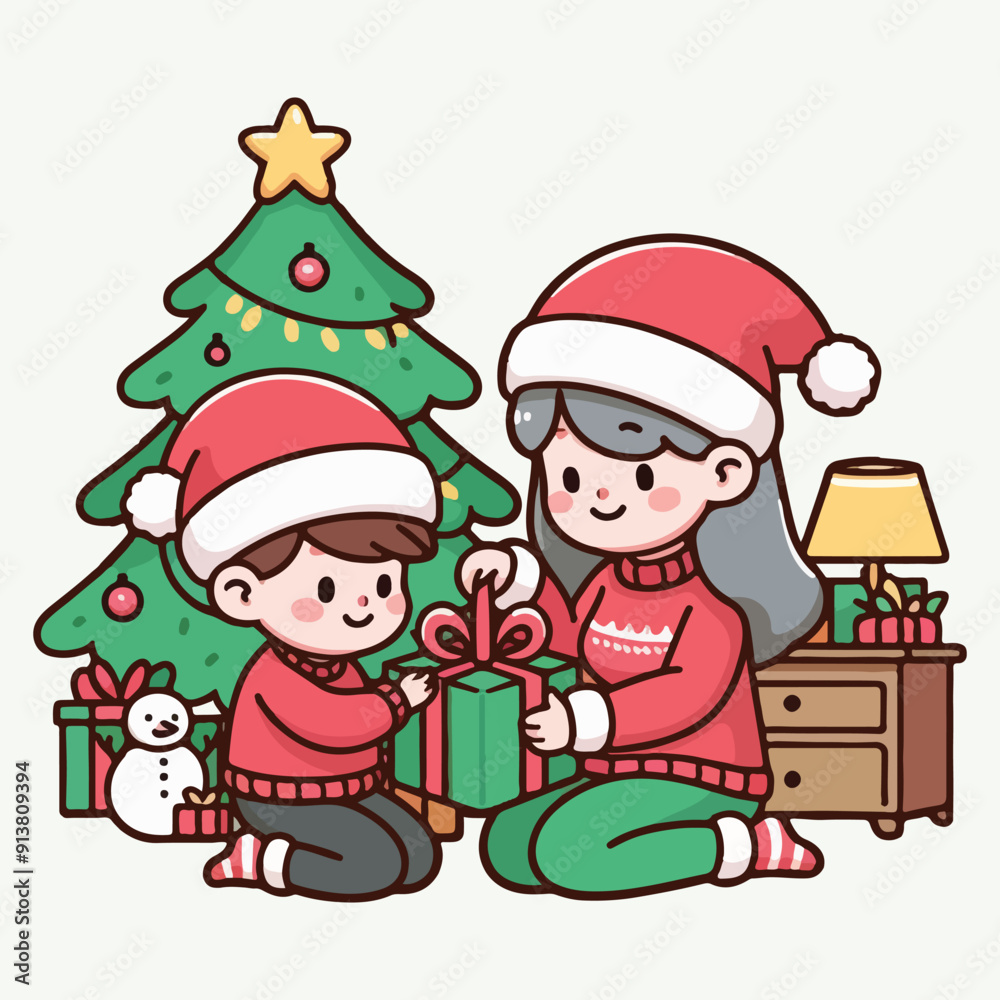Young mother giving her son a gift for Christmas. Cartoon, color, simple, outline, plain background. Holiday season New Year. Young mother giving her son a gift for Christmas. Cartoon, color, simple, outline, plain background. Holiday season New Year.