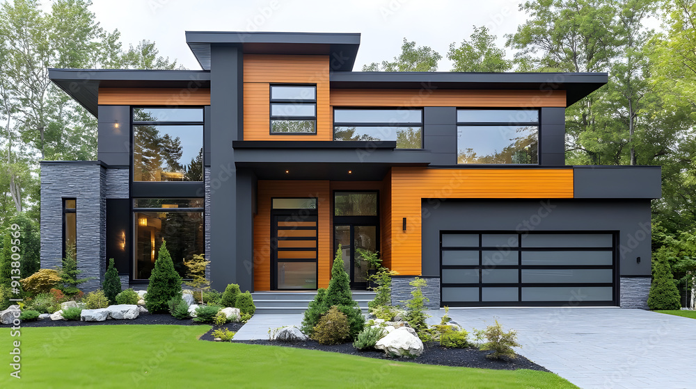 Modern house with wood siding and large windows. Modern house with wood siding and large windows.