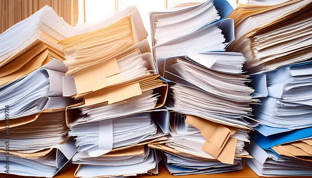 Two Stacks of Documents On A White Table In An Office Two Stacks of Documents On A White Table In An Office