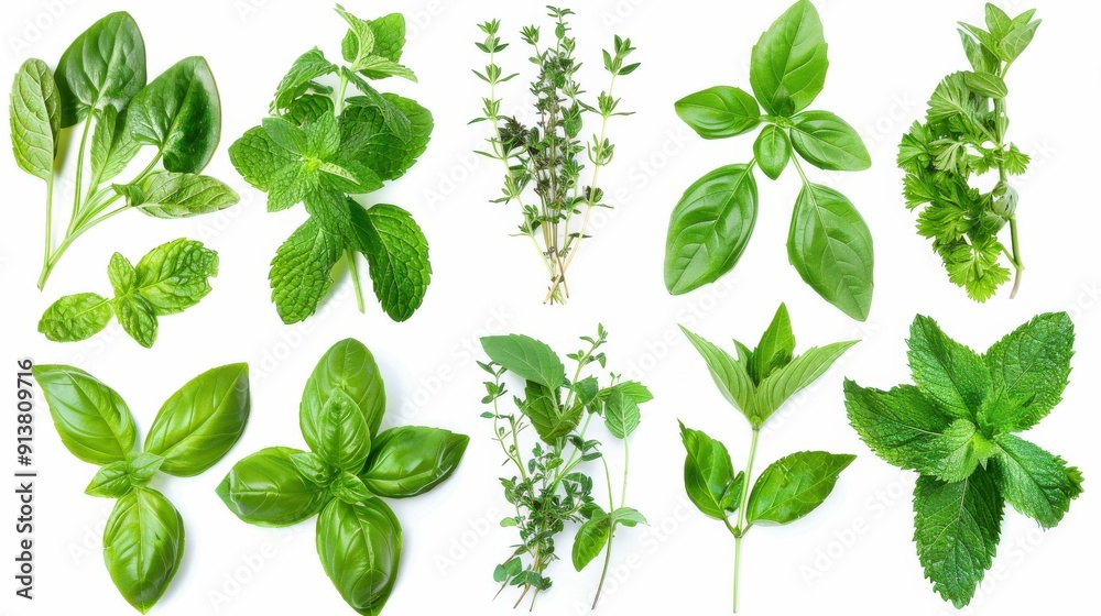 A variety of fresh green herbs are arranged on a white background. The herbs include basil, mint, thyme, and parsley. Each herb is individually displayed, allowing for a clear view of its leaves and s A variety of fresh green herbs are arranged on a white background. The herbs include basil, mint, thyme, and parsley. Each herb is individually displayed, allowing for a clear view of its leaves and s