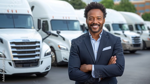 A confident African-American truck fleet executive stands proudly in front of his fleet, symbolizing leadership and industry success.