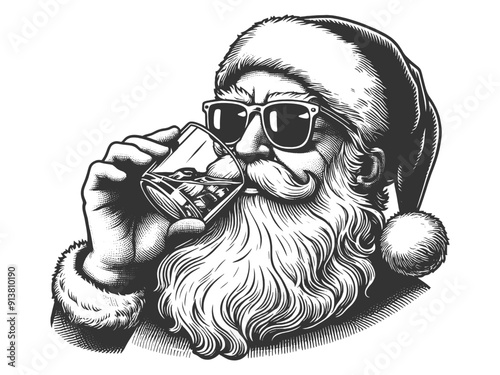 Santa Claus in sunglasses, enjoying a whisky cocktail with a lemon slice and ice cubes sketch engraving generative ai vector illustration. Scratch board imitation. Black and white image.