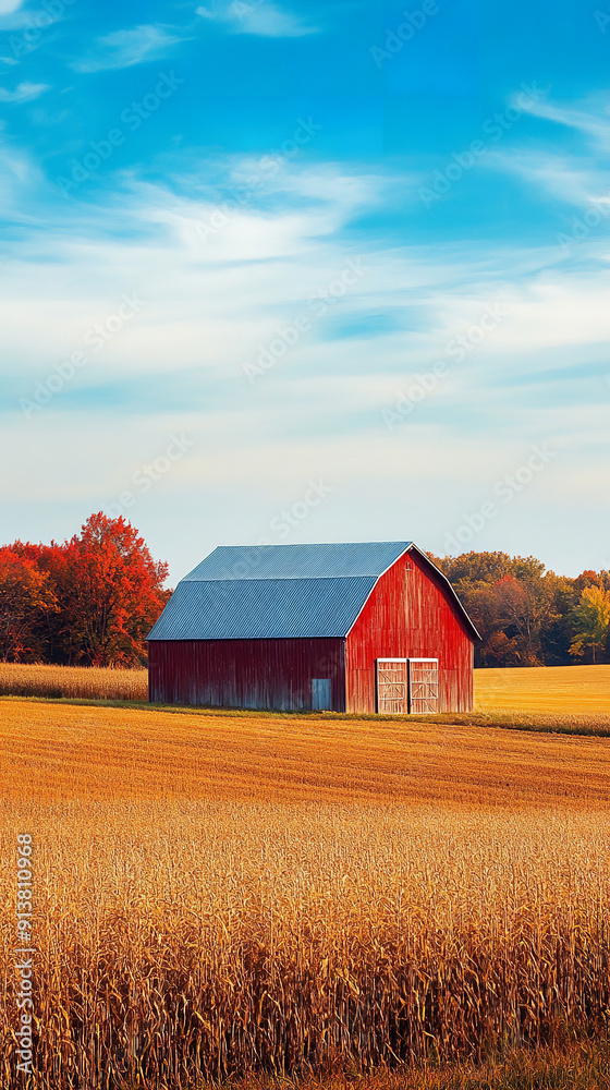Rustic Autumn Landscape with Classic Barn and Harvest Fields Rustic Autumn Landscape with Classic Barn and Harvest Fields
