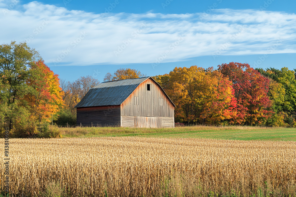 Rustic Autumn Landscape with Classic Barn and Harvest Fields Rustic Autumn Landscape with Classic Barn and Harvest Fields
