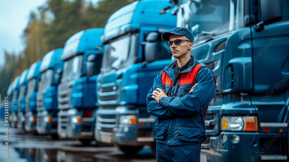 A professional truck driver stands confidently in front of his fleet, arms crossed, embodying dedication and expertise in logistics. A professional truck driver stands confidently in front of his fleet, arms crossed, embodying dedication and expertise in logistics.