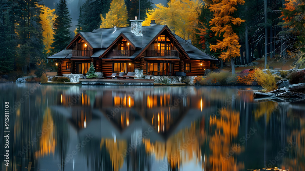 Log Cabin Reflection in Autumn Lake - Photo Log Cabin Reflection in Autumn Lake - Photo