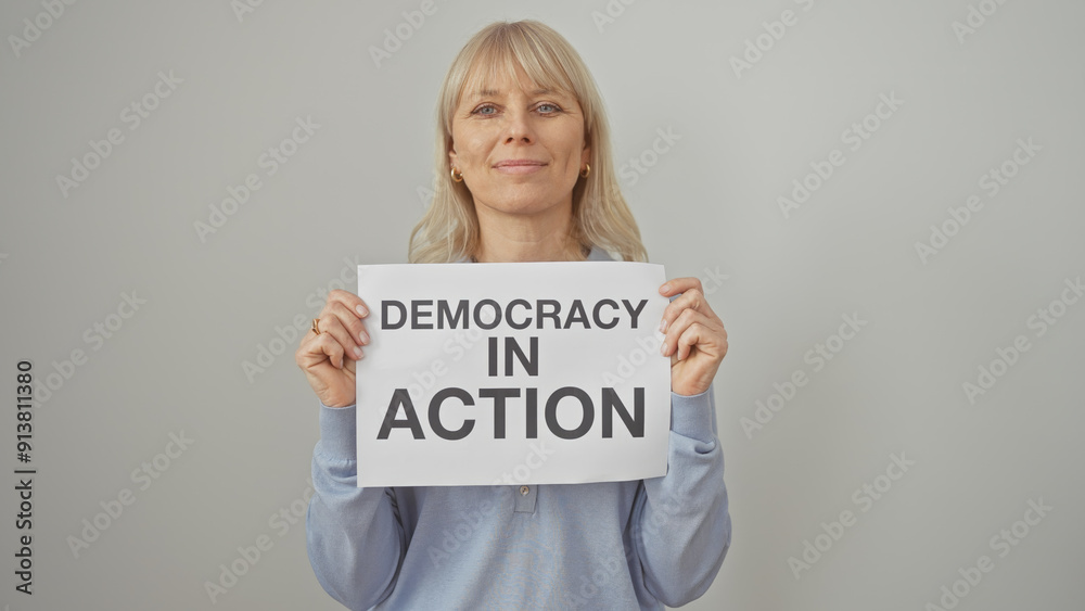 Smiling woman holding a sign that reads 'democracy in action' against a white background. Smiling woman holding a sign that reads 'democracy in action' against a white background.
