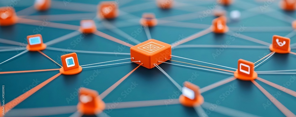 Digital network map connecting various devices with CRM icons, CRM connectivity, technological synergy Digital network map connecting various devices with CRM icons, CRM connectivity, technological synergy