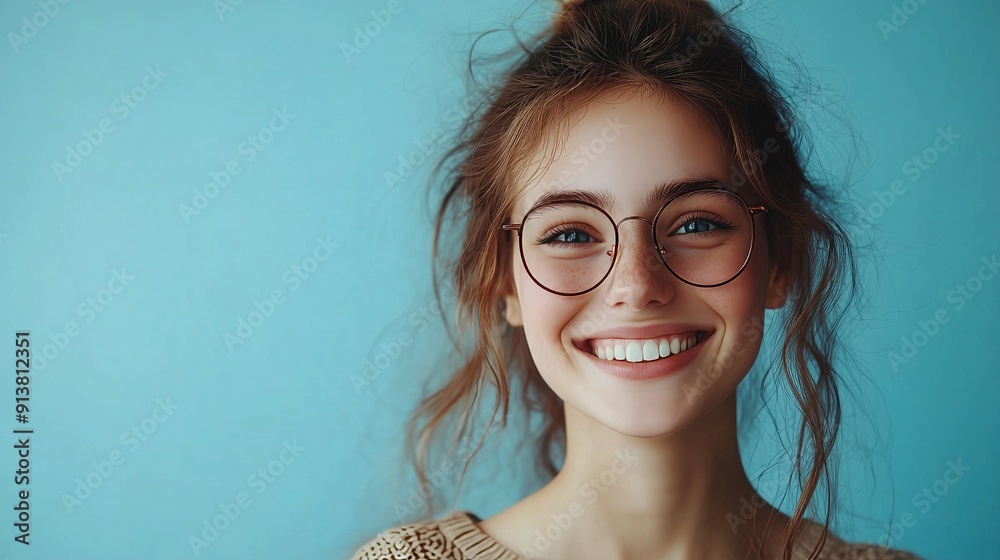 Cheerful young girl smiling with glasses against a blue backdrop Cheerful young girl smiling with glasses against a blue backdrop