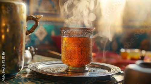 A steaming glass of Moroccan mint tea sits on a decorative plate, exuding warmth and inviting aromas in a vibrant, cozy environment photo