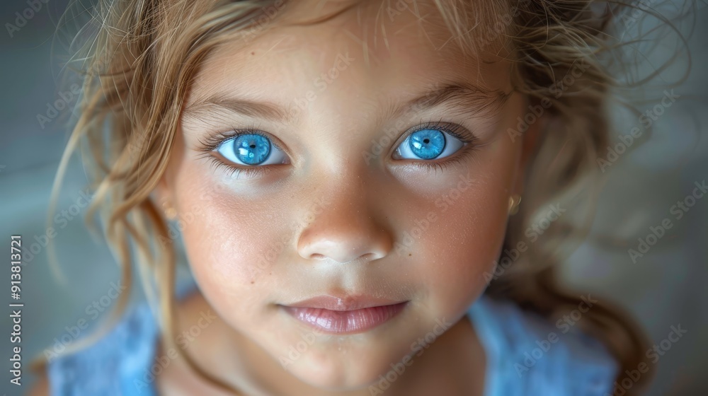 A tight shot of a young girl's face, her blue eyes fixed on the camera with a solemn expression A tight shot of a young girl's face, her blue eyes fixed on the camera with a solemn expression